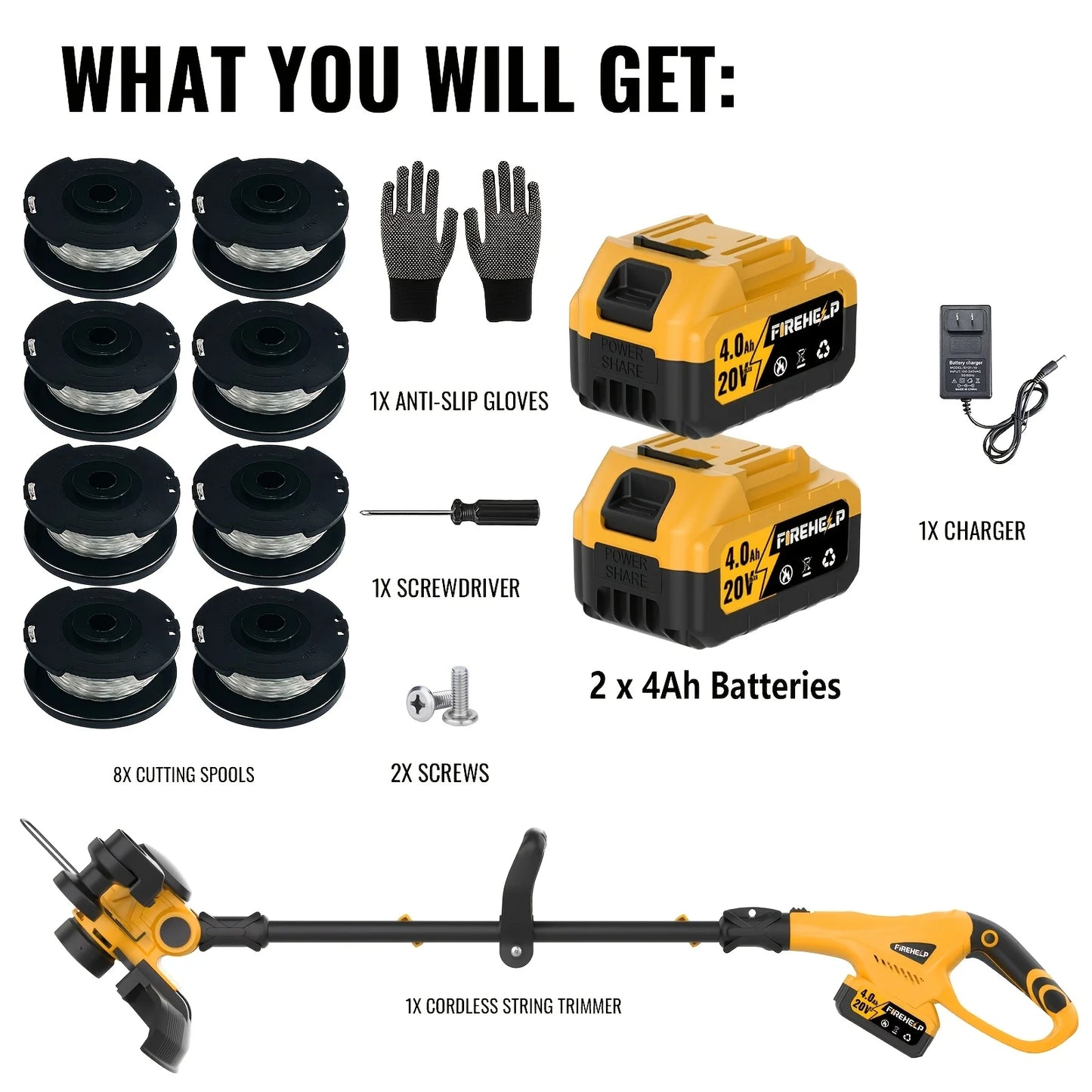 20000rpm Professional Grade Cordless String Trimmer, 2×4.0Ah Batteries with Fast Charger, 8 Spools Line & Edger Function, Yellow