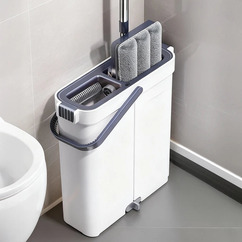 Joybos Space-Saving Slim Mop Bucket Set (Only 5.3" Wide), Self-Wringing Flat Mop with Built-in Hair Scraper & Anti-Tipping Suction Base, Includes 2 Washable Pads