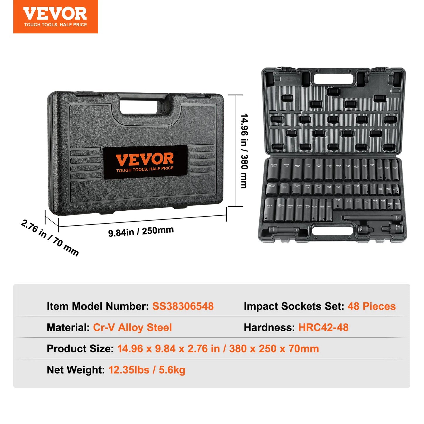 SucceBuy 1/2" 3/8" Drive Impact Socket Set 23/33/34/48/65 PCs Deep Socket Set SAE Metric Cr-V Cr-Mo Alloy Steel for Auto Repair